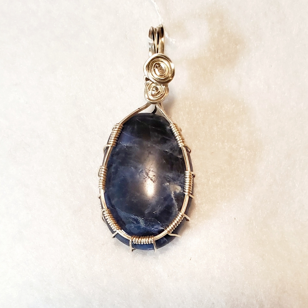 Sodalite Crystal Oval Pendant Necklace Silver Wire Wrap